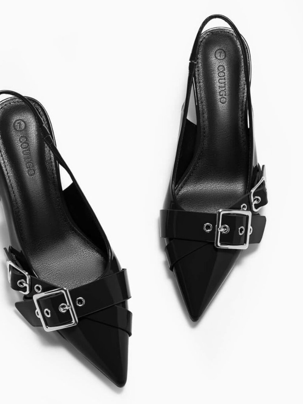 Coutgo Women's Black Close Pointed Toe Slingback Buckle Ankle Strap Heels Shoes - Picture 4 of 6